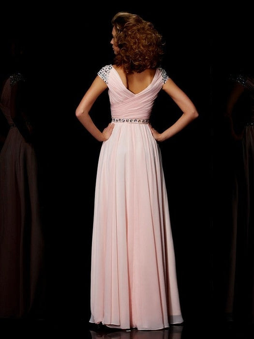 A-Line/Princess V-neck Short Sleeves Ruffles Long Chiffon Dresses - Prom Dresses