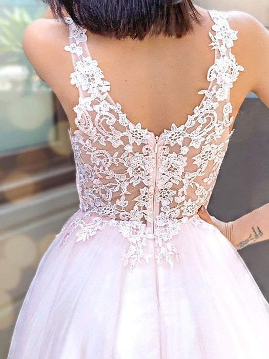 A-Line/Princess V-neck Sleeveless Applique Tulle Floor-Length Dresses - Prom Dresses