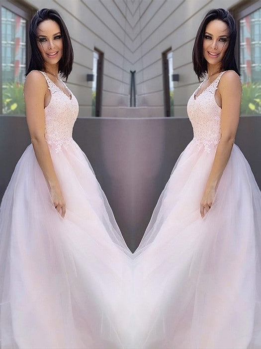 A-Line/Princess V-neck Sleeveless Applique Tulle Floor-Length Dresses - Prom Dresses