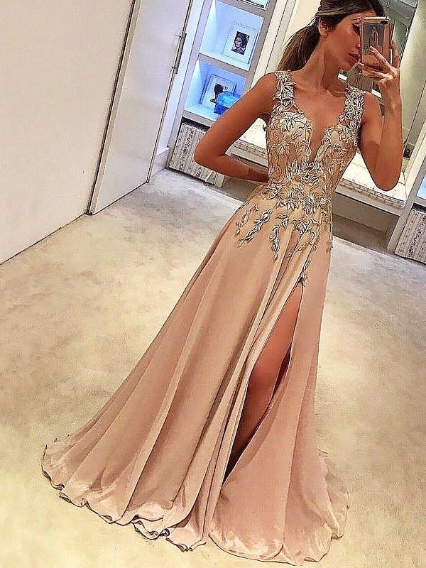 A-Line/Princess V-neck Sleeveless Floor-Length Applique Silk like Satin Dresses - Prom Dresses