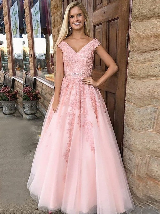 A-Line/Princess V-Neck Sleeveless Floor-Length Applique Tulle Dresses - Prom Dresses