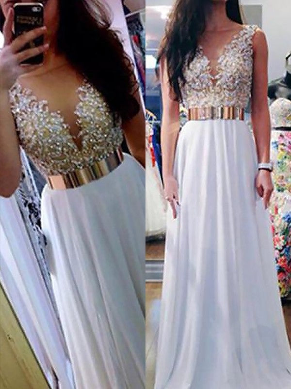 A-Line/Princess V-neck Sleeveless Floor-Length Beading Chiffon Dresses - Prom Dresses