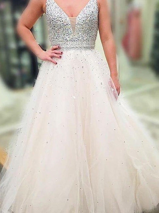 A-Line/Princess V-neck Sleeveless Floor-Length Beading Tulle Dresses - Prom Dresses