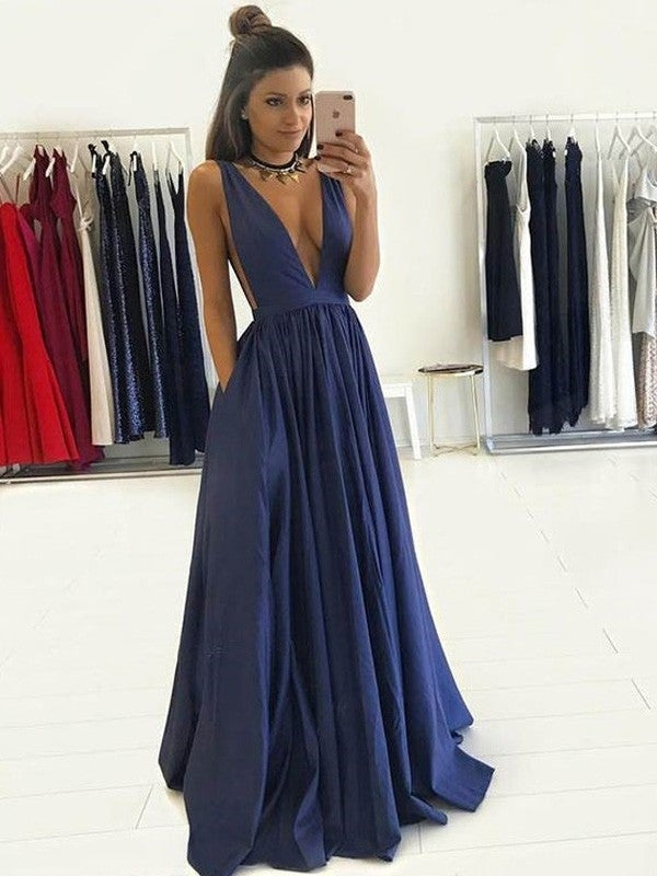 A-Line/Princess V-neck Sleeveless Floor-Length Taffeta Dresses - Prom Dresses