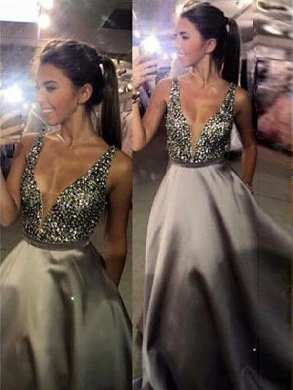 A-Line/Princess V-Neck Sleeveless Sweep/Brush Train Beading Satin Dresses - Prom Dresses