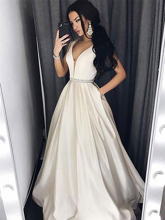 A-Line/Princess V-neck Sleeveless Sweep/Brush Train Beading Satin Dresses - Prom Dresses