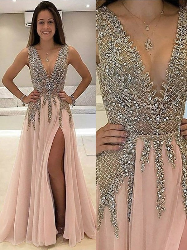 A-Line/Princess V-Neck Sleeveless Sweep/Brush Train Beading Tulle Dresses - Prom Dresses