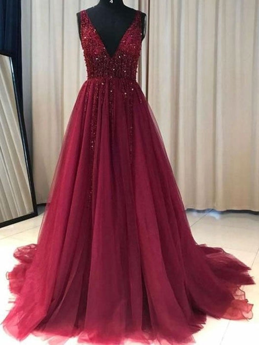 A-Line/Princess V-neck Sleeveless Sweep/Brush Train Ruffles Tulle Dresses - Prom Dresses