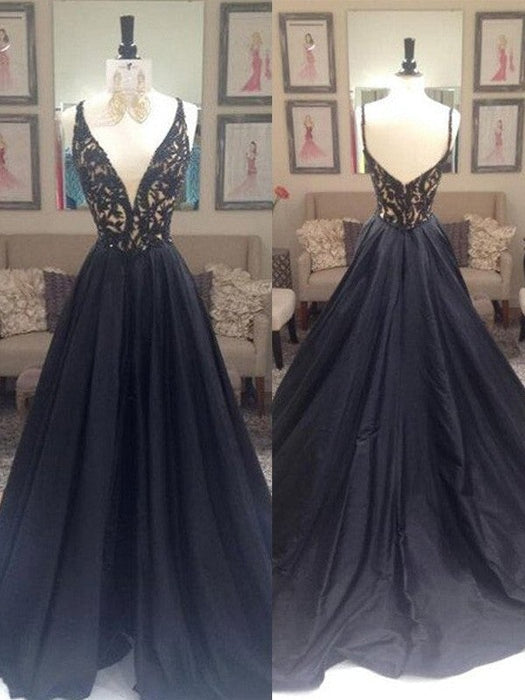 A-Line/Princess V-neck Sleeveless Sweep/Brush Train Taffeta Dresses - Prom Dresses