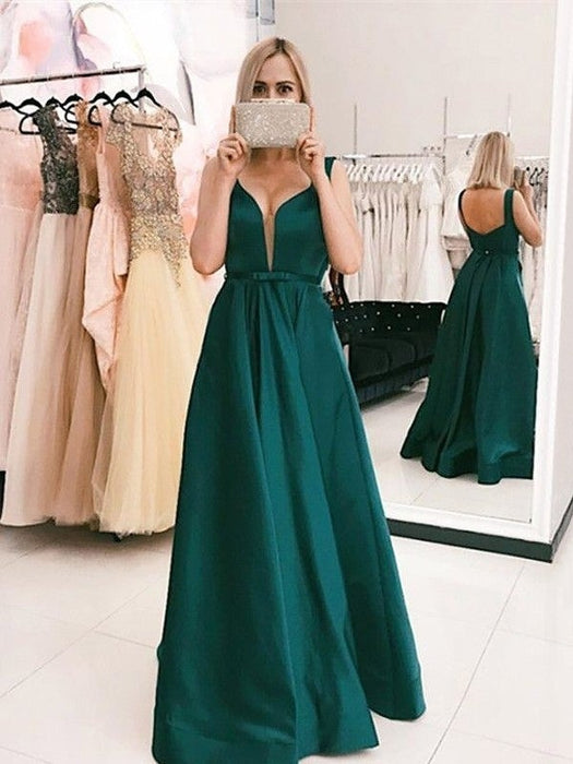 A-Line/Princess V-neck Sweep/Brush Train Ruffles Satin Dresses - Prom Dresses