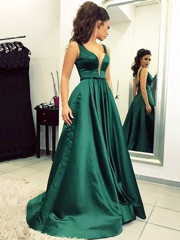 A-Line/Princess V-neck Sweep/Brush Train Ruffles Satin Dresses - Prom Dresses