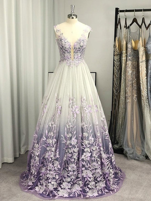 A-Line/Princess V-neck Tulle Applique Sleeveless Floor-Length Dresses - Prom Dresses