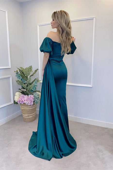 Glamorous Peacock Blue Off-the-Shoulder Mermaid Prom Gown with Thigh-High Split