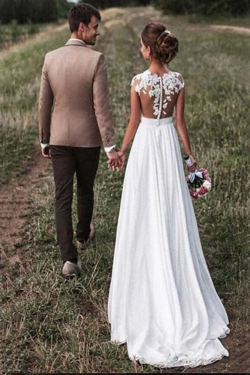 Affordable Cap Sleeves Lace Covered Button Wedding Dresses - wedding dresses