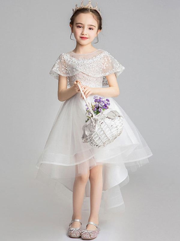 Flower Girl Dresses Jewel Neck Tulle Sleeveless Asymmetrical Princess Silhouette Embroidered Kids Party Dresses