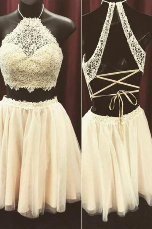 Awesome Awesome Beige Two Pieces Lace Top Halter Sleeveless Graduation Homecoming Dress for Teens - Prom Dresses