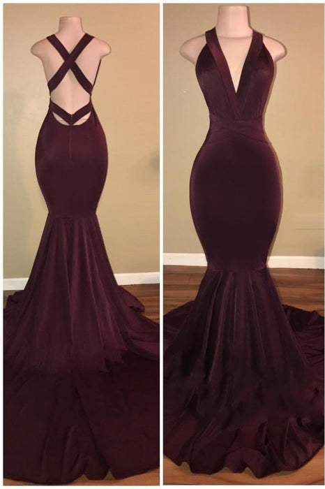 B| Bridelily Elegant V-Neck Mermaid Burgundy Long Prom Evening Dresses - Prom Dresses