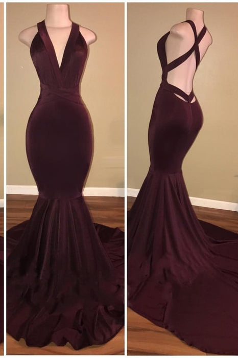 B| Bridelily Elegant V-Neck Mermaid Burgundy Long Prom Evening Dresses - Prom Dresses