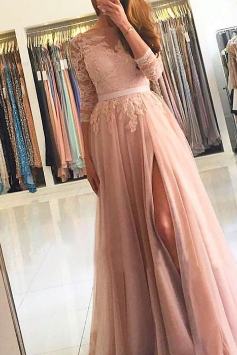 Long Sleeves A-Line Prom Dress with Lace Split