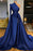 Dark Blue Long Sleeves Mermaid Prom Dress Split