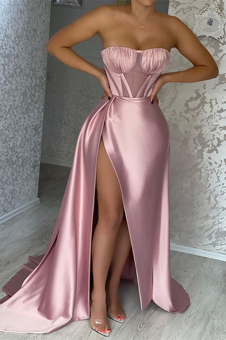 Pink Strapless Mermaid Prom Dress with Pleats, Ruffles, and Slit