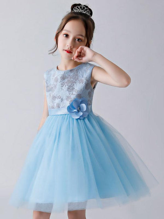 Baby Blue Flower Girl Dresses Jewel Neck Sleeveless Bows Tulle Polyester Kids Party Dresses