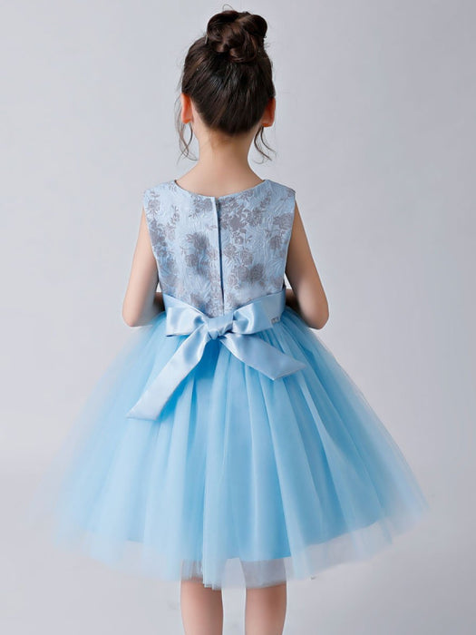 Baby Blue Flower Girl Dresses Jewel Neck Sleeveless Bows Tulle Polyester Kids Party Dresses