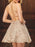 Backless Champagne Lace Short Prom Dresses, Champagne Lace Homecoming Dresses, Short Champagne Formal Evening Dresses 