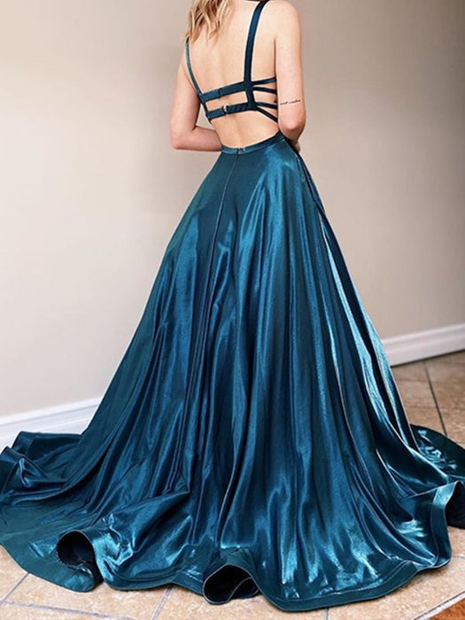 Backless Dark Emerald Green Long Prom Dresses, Dark Emerald Green Long Formal Evening Dresses