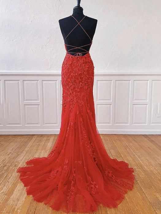 Backless Mermaid Long Red Lace Prom Dresses, Mermaid Red Lace Formal Dresses, Red Lace Evening Dresses