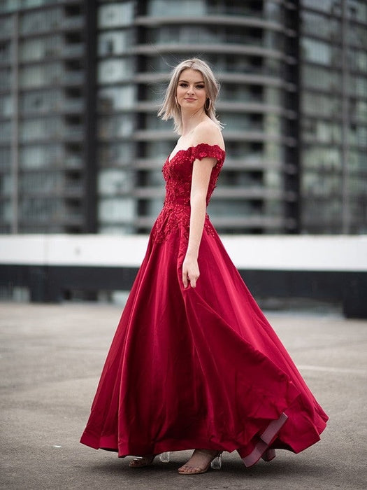 Ball Gown Off-the-Shoulder Satin Applique Sleeveless Floor-Length Dresses - Prom Dresses