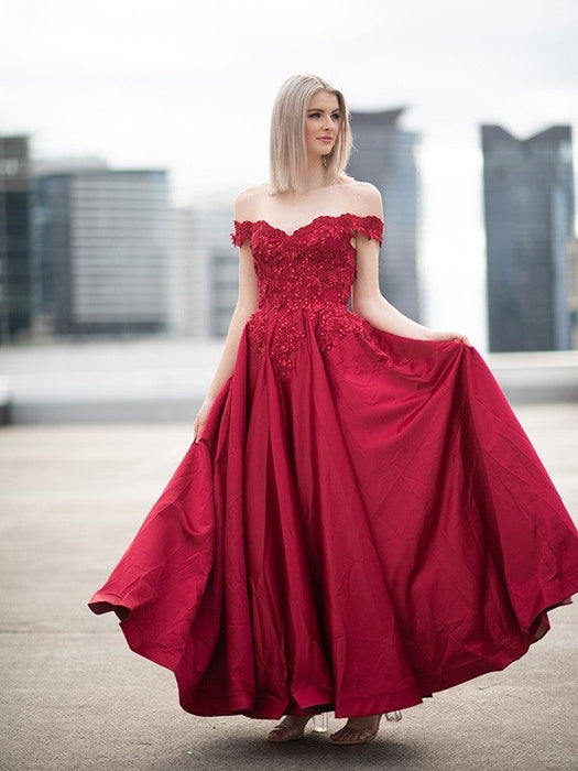 Ball Gown Off-the-Shoulder Satin Applique Sleeveless Floor-Length Dresses - Prom Dresses