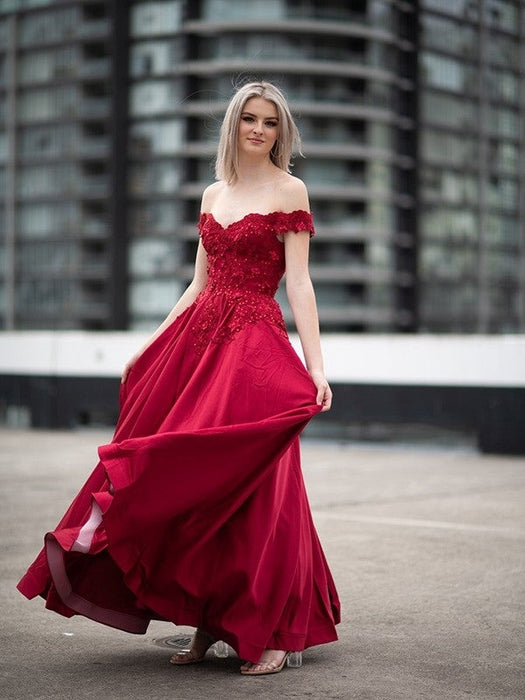 Ball Gown Off-the-Shoulder Satin Applique Sleeveless Floor-Length Dresses - Prom Dresses