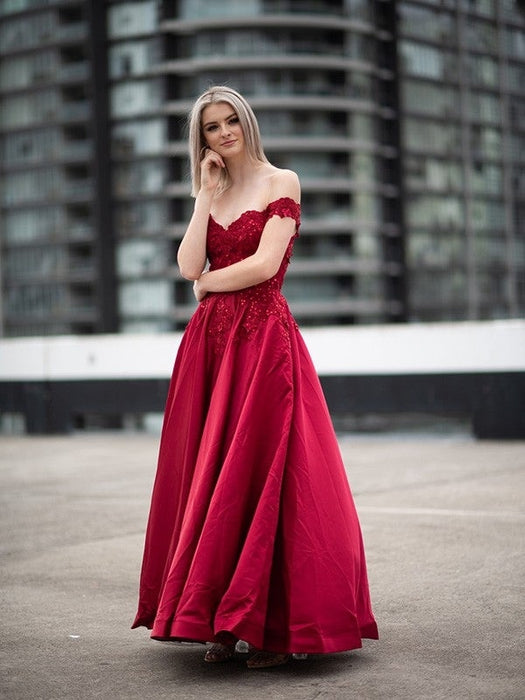 Ball Gown Off-the-Shoulder Satin Applique Sleeveless Floor-Length Dresses - Prom Dresses