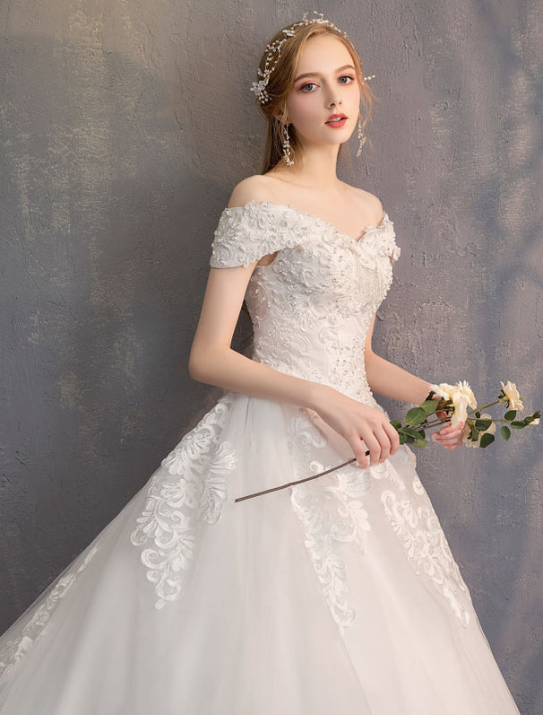 Ball Gown Princess Wedding Dresses Ivory Lace Beaded Chains Off The Sh ...