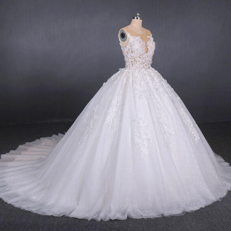 Ball Gown Sheer Neck Boho Lace Wedding Dress 2020 - Bridelily