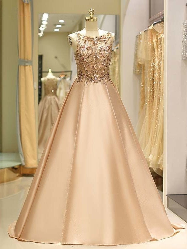 Ball Gown Sleeveless Bateau Sweep/Brush Train Beading Satin Dresses - Prom Dresses