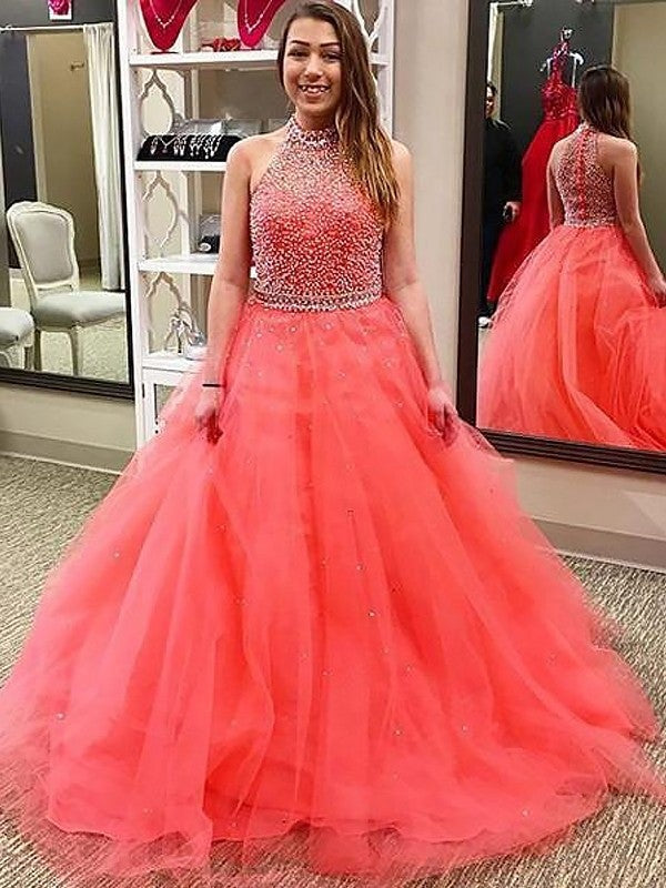 Ball Gown Sleeveless Halter Beading Floor-Length Tulle Dresses - Prom Dresses