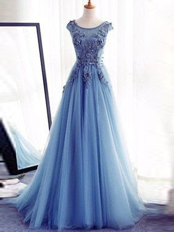 Ball Gown Sleeveless Jewel Sweep/Brush Train Applique Tulle Dresses - Prom Dresses