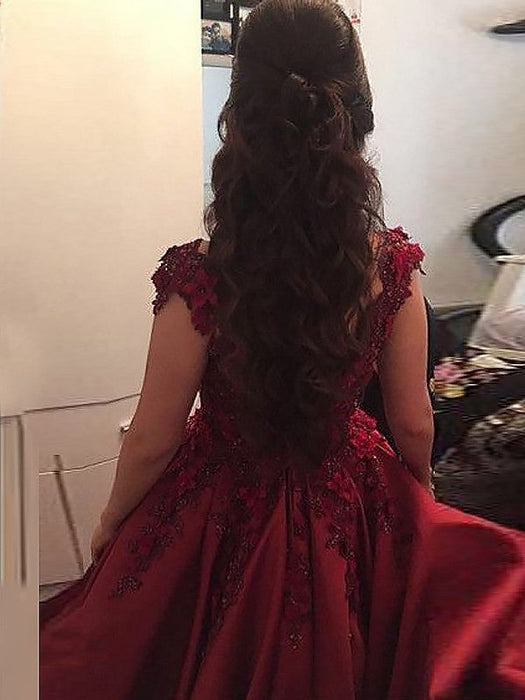 Ball Gown Sleeveless Off-the-Shoulder Applique Satin Floor-Length Dresses - Prom Dresses