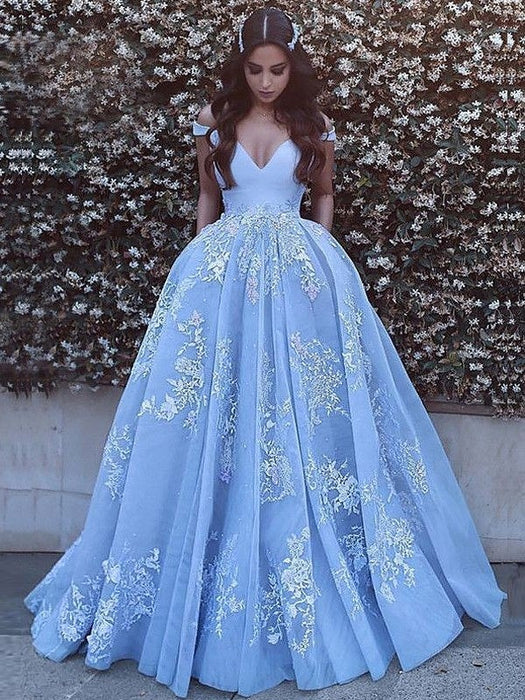 Ball Gown Sleeveless Off-the-Shoulder Applique Tulle Sweep/Brush Train Dresses - Prom Dresses