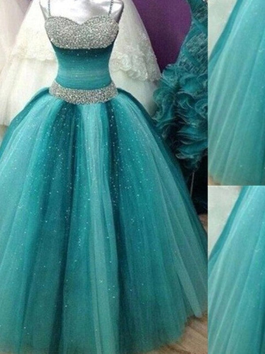 Ball Gown Spaghetti Straps Sleeveless Beading Tulle Floor-Length Dresses - Prom Dresses