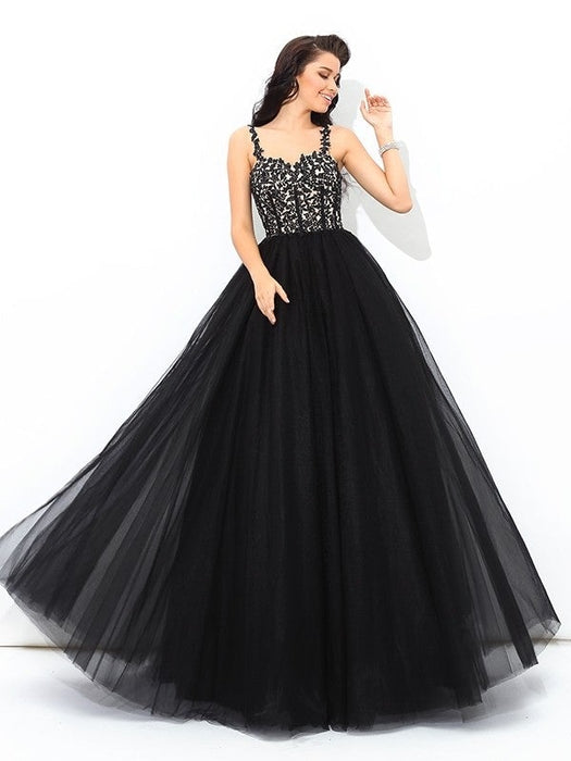 Ball Gown Straps Applique Sleeveless Long Net Quinceanera Dresses - Prom Dresses