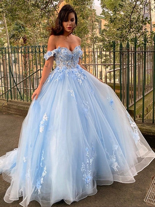 Ball Gown Tulle Applique Off-the-Shoulder Sleeveless Sweep/Brush Train Dresses - Prom Dresses