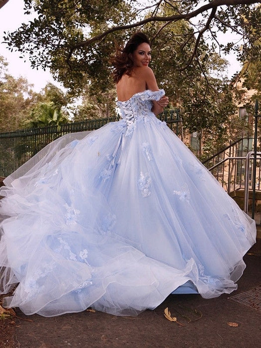 Ball Gown Tulle Applique Off-the-Shoulder Sleeveless Sweep/Brush Train Dresses - Prom Dresses