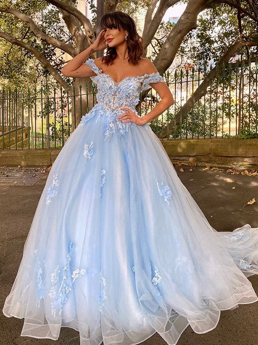 Ball Gown Tulle Applique Off-the-Shoulder Sleeveless Sweep/Brush Train Dresses - Prom Dresses