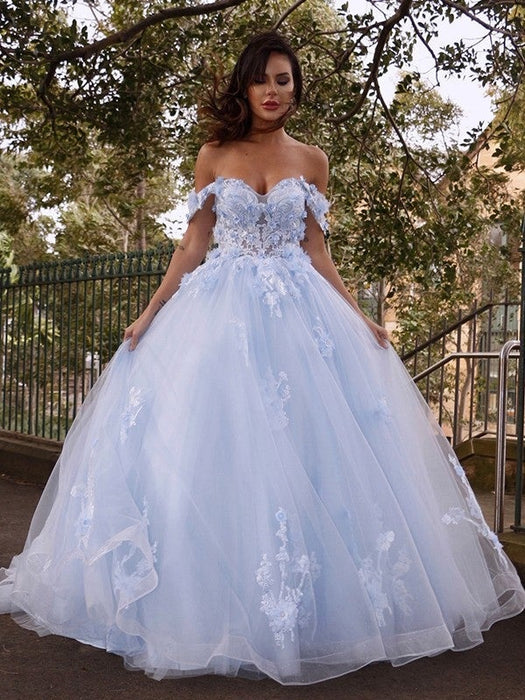 Ball Gown Tulle Applique Off-the-Shoulder Sleeveless Sweep/Brush Train Dresses - Prom Dresses