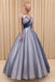 Ball Gown V Neck Dark Blue Tulle Prom with Applique Puffy Long Quinceanera Dress - Prom Dresses