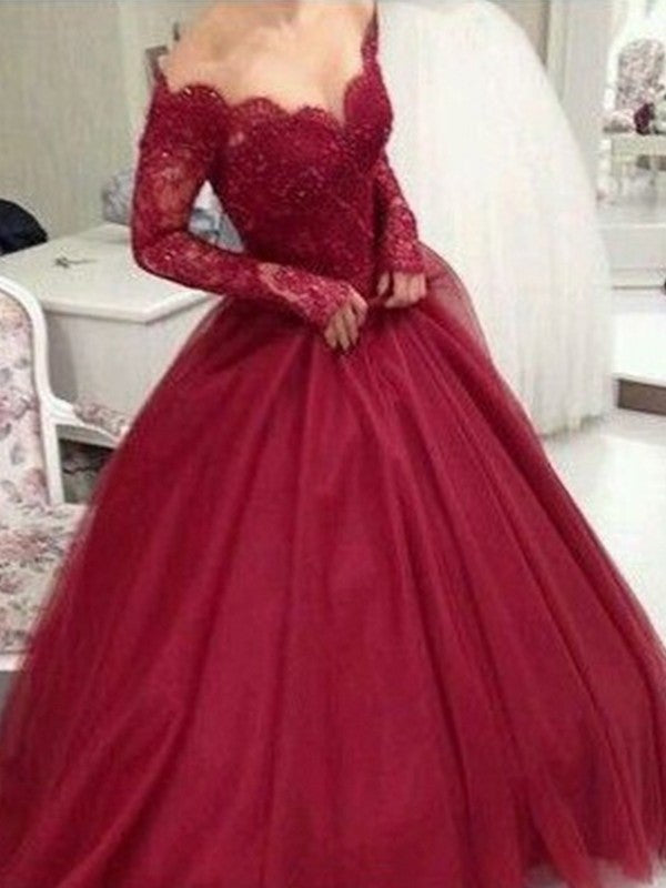 Ball Gown V-neck Long Sleeves Floor-Length Lace Tulle Dresses - Prom Dresses