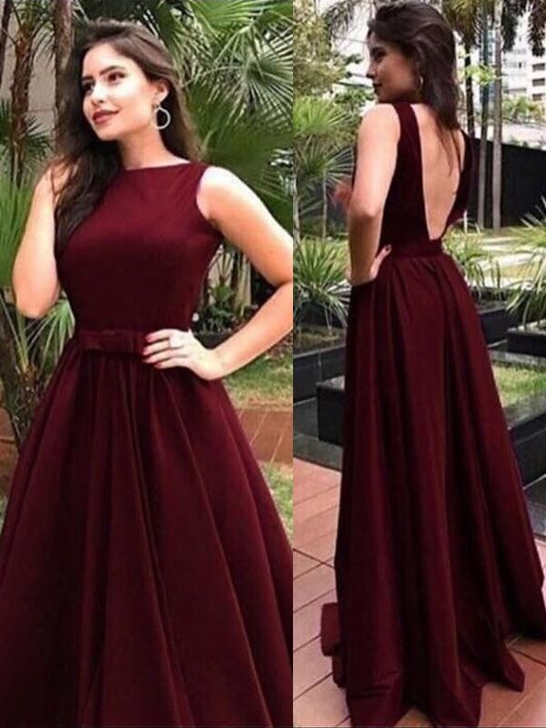 Bateau Floor-Length With Sash/Ribbon/Belt Elastic Woven Satin Dresses - Prom Dresses